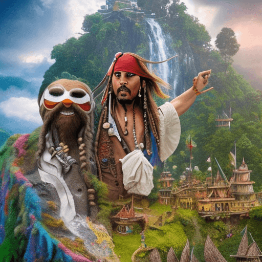 AI generated: crea una imagen hiper-realista de Jack sparrow y el lorax en una alfombra voladora con una bolsa de ...