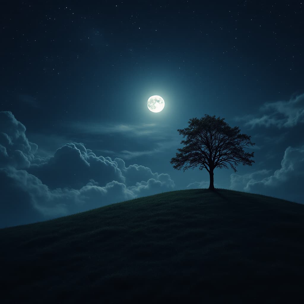 AI generated: A dark night with faint stars showing between many clouds, a full moon illuminating a single tree on...