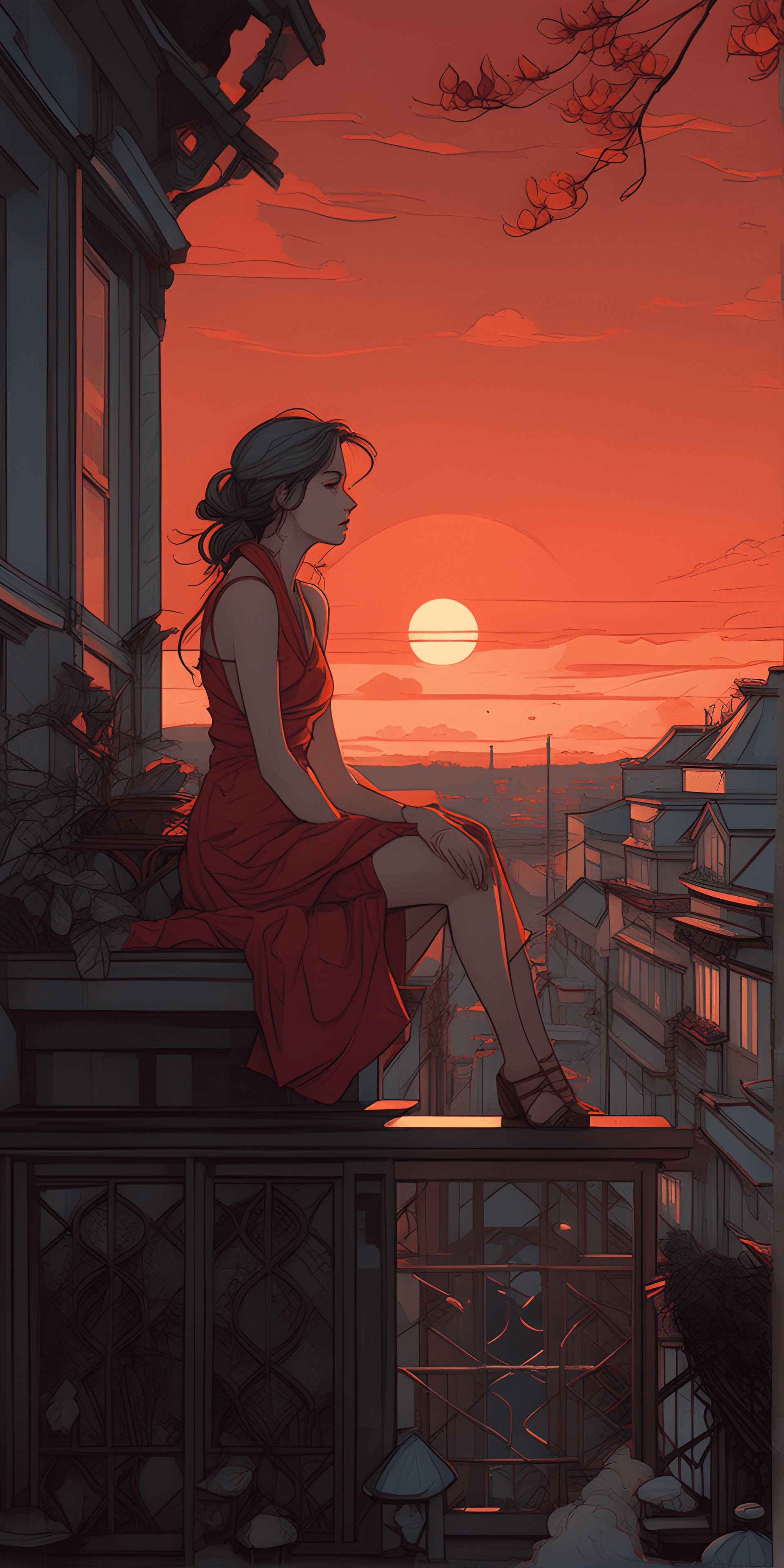 AI generated: a woman sitting on a balcony looking out at the sunset, alphonse mucha and alena aenami, girl sittin...