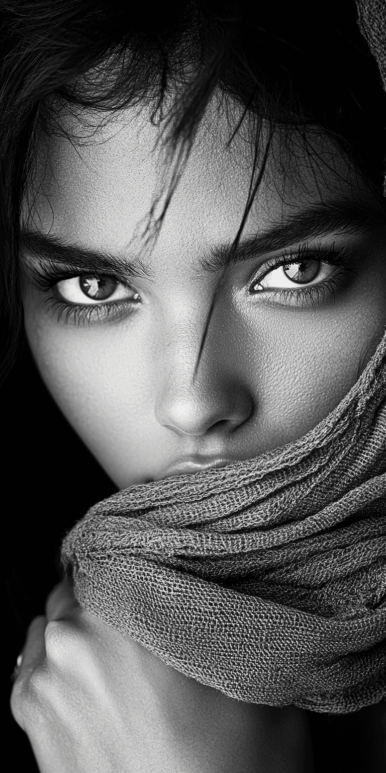 AI generated: black and white photograph of a woman, in the style of intense gaze, hauntingly beautiful, richly la...