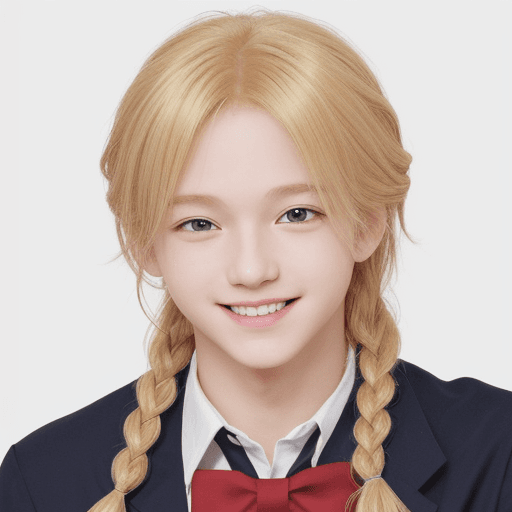 AI generated: Golden blonde hair, Braided, a boy, smiling, bright smile, School uniform, Red eyes, simple artstyle...
