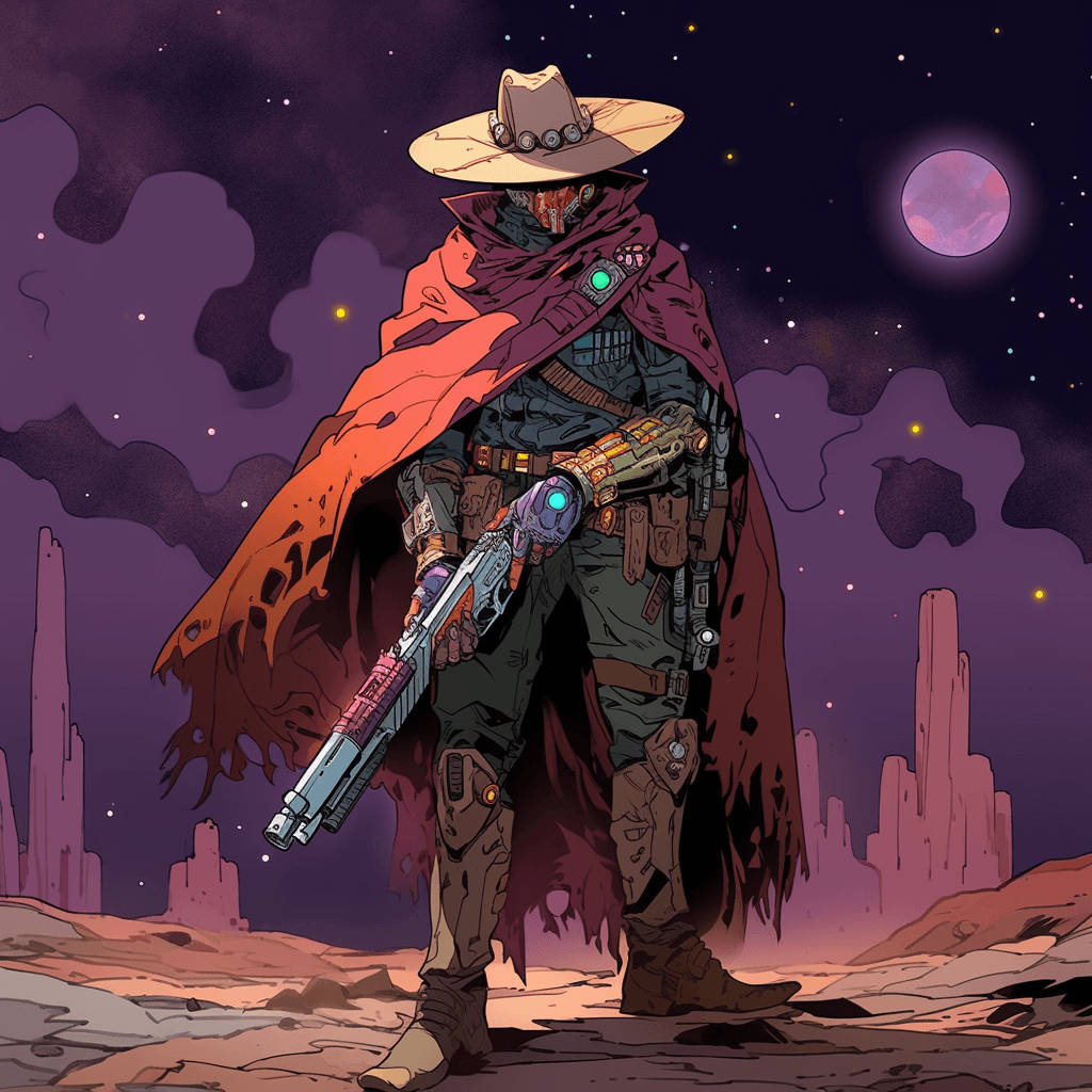 AI generated: John Wayne as an anime space cowboy like from Cowboy Bebop or Trigun:: space western theme:: western...