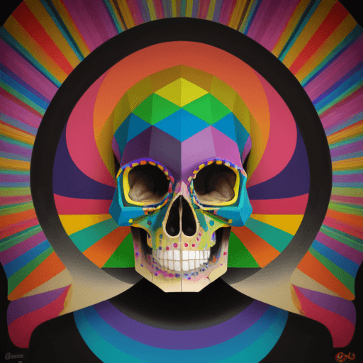 AI generated: Skull oil painting by Okuda San Miguel, Rainbow geometric architectures blend with organic shapes, P...