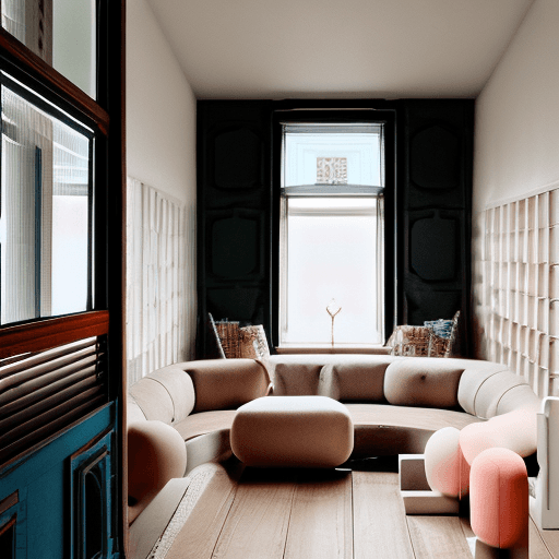 AI generated: High resolution photography interior design, dreamy sunken living room conversation pit, wooden floo...