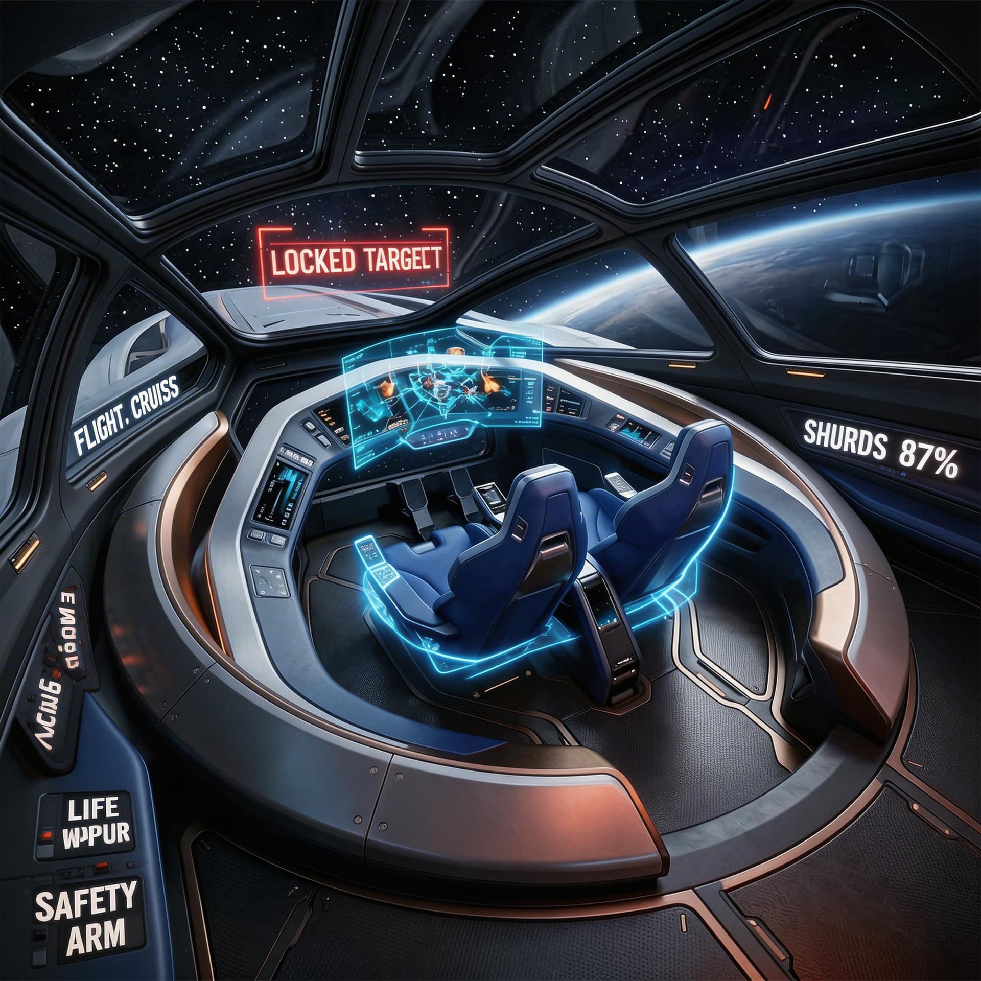AI generated: Use the Reference Images to imagine, in detail, a Spacecraft 'C-shaped' Bridge design. Show Change i...