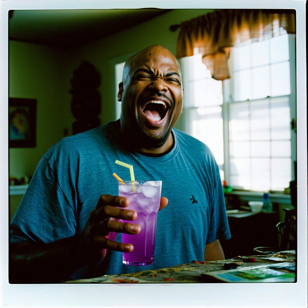 AI generated: grainy 80's photograph quality polaroid of big fat planet-sized bald elated black man floating extre...