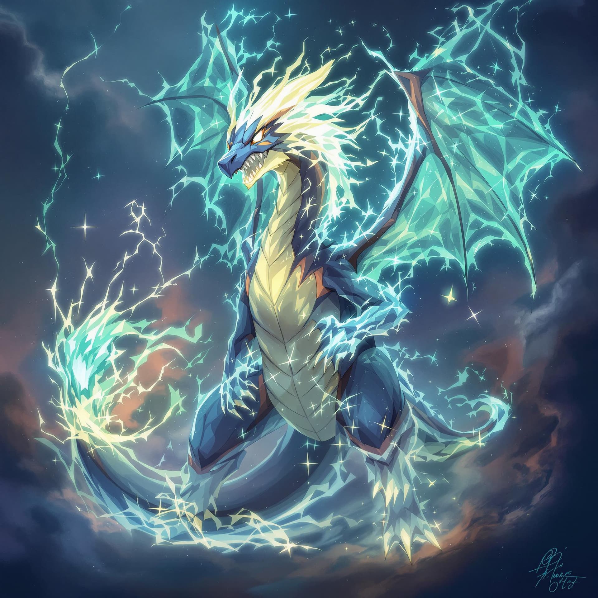 AI generated: Realistic Astral-themed illustration of a Charizard with ghostly elements