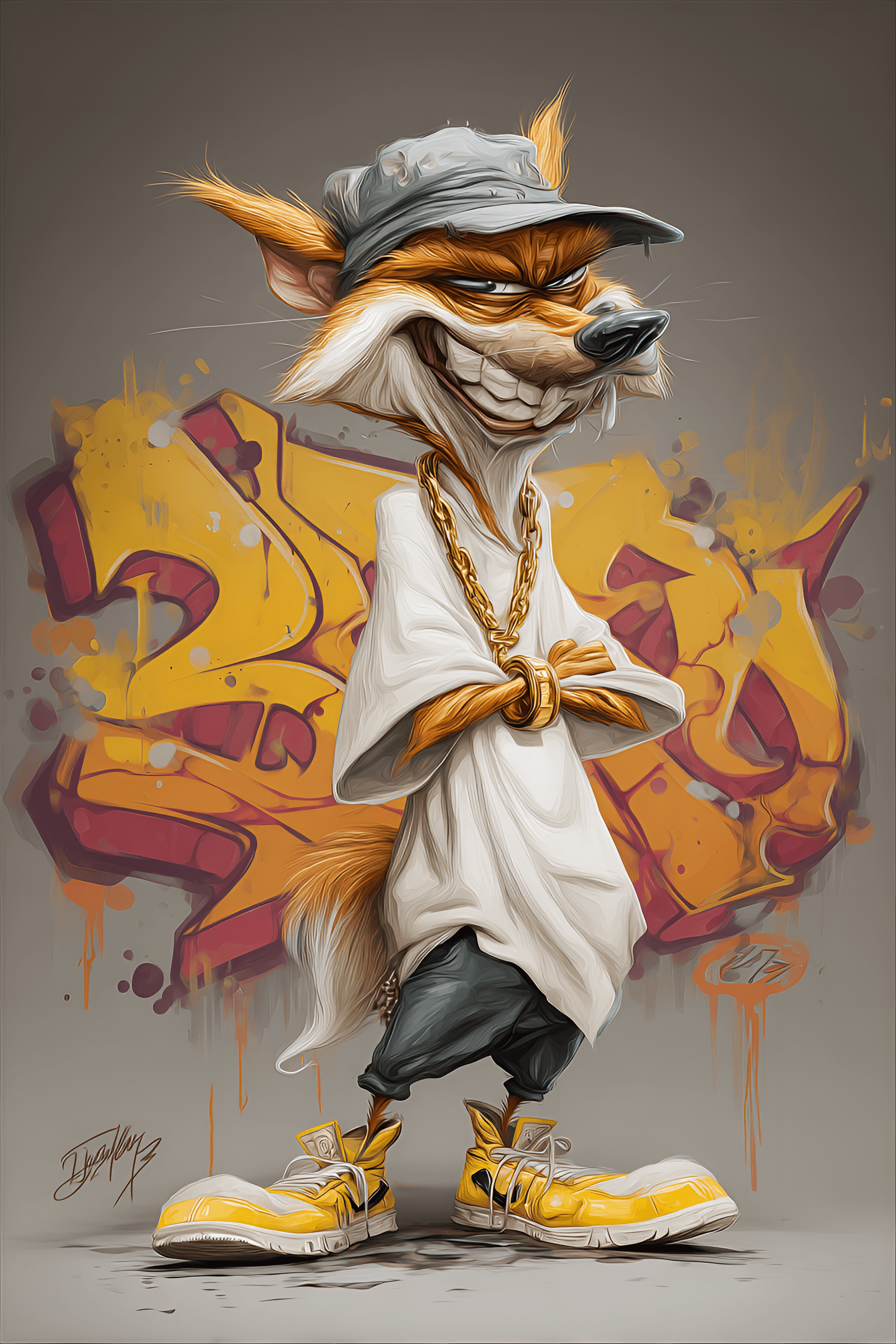 AI generated: funny caricature, gangster fox character caricature, elderly european male, 67 years old, slick fur,...