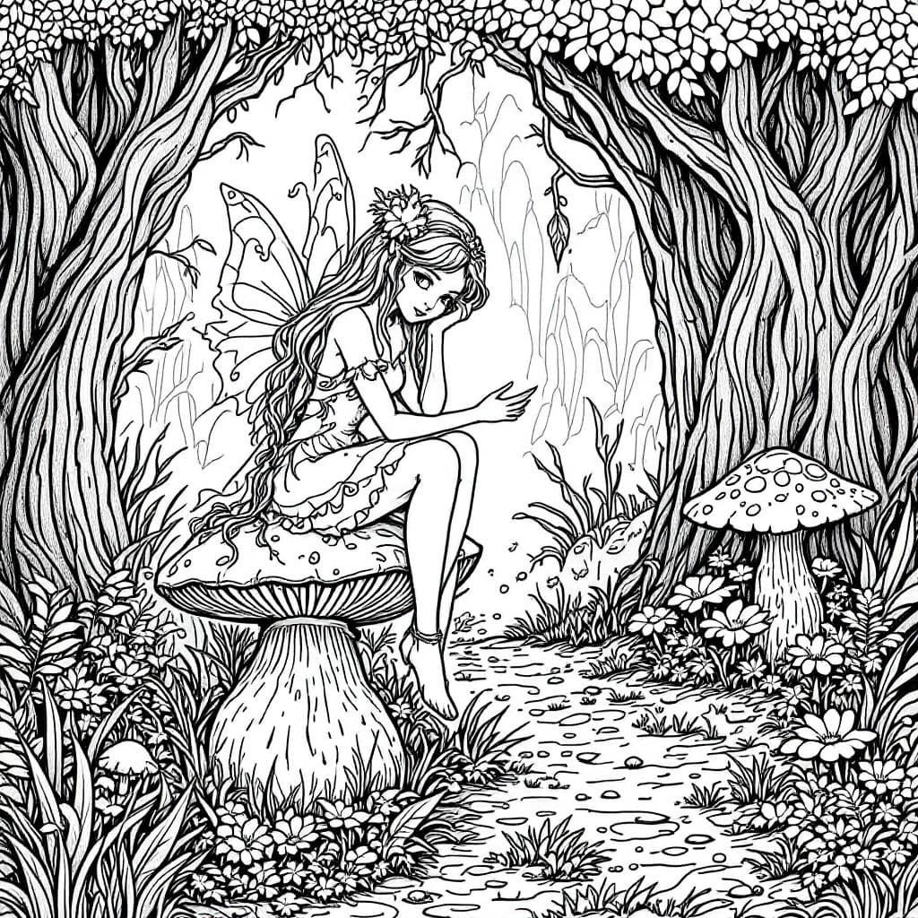 AI generated: Coloring book, A fairy sitting on a mushroom in an enchanted forest