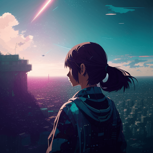 AI generated: Girl looking towards the horizon, photorealistic dramatic anime, omnidimensional, polychromatic colo...