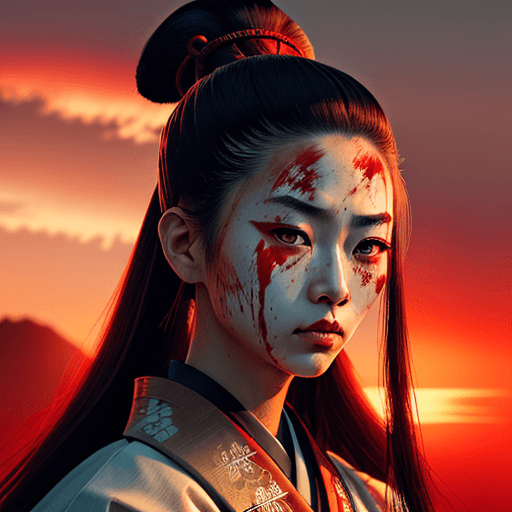 AI generated: A portrait of a female Samurai, long straight hair in a topknot, wearing traditional samurai clothin...