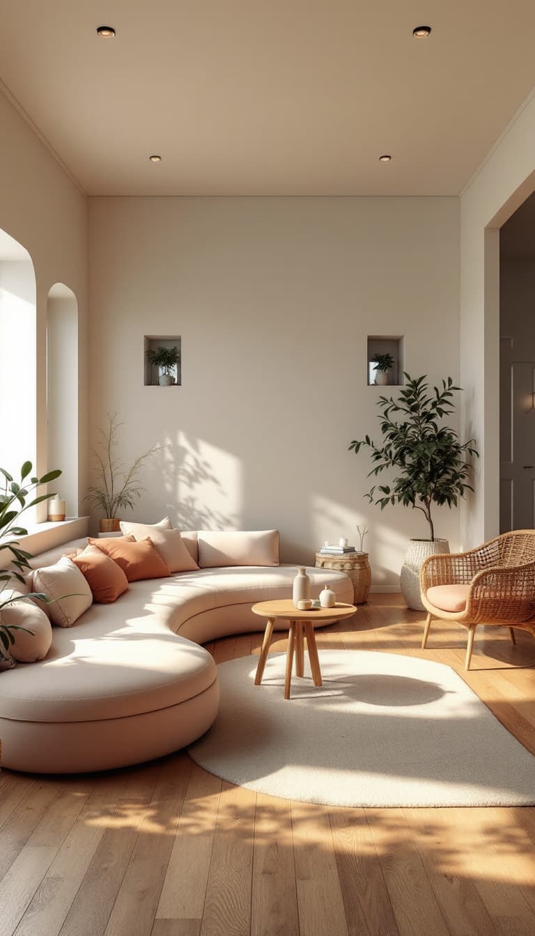 AI generated: High resolution photography interior design, dreamy sunken living room conversation pit, wooden floo...