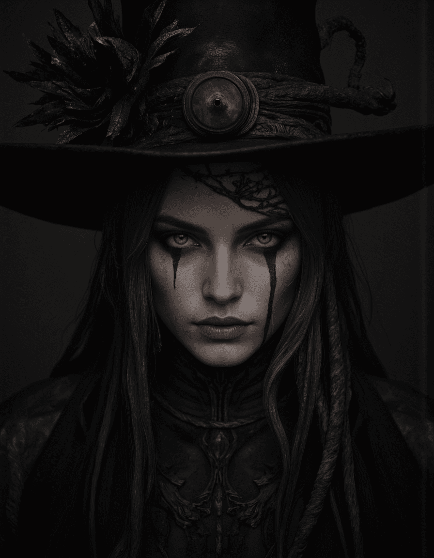 AI generated: Design a photorealistic portrait of a woman with dark makeup and makeup art, set in a dark concept a...