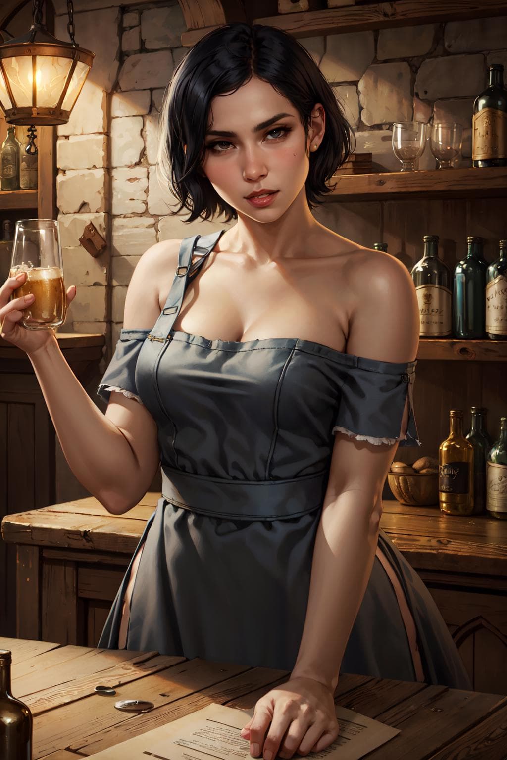 AI generated: magv1ll, waitress lady, black torn apron, bare shoulders, short black hair, parted lips, teasing, na...