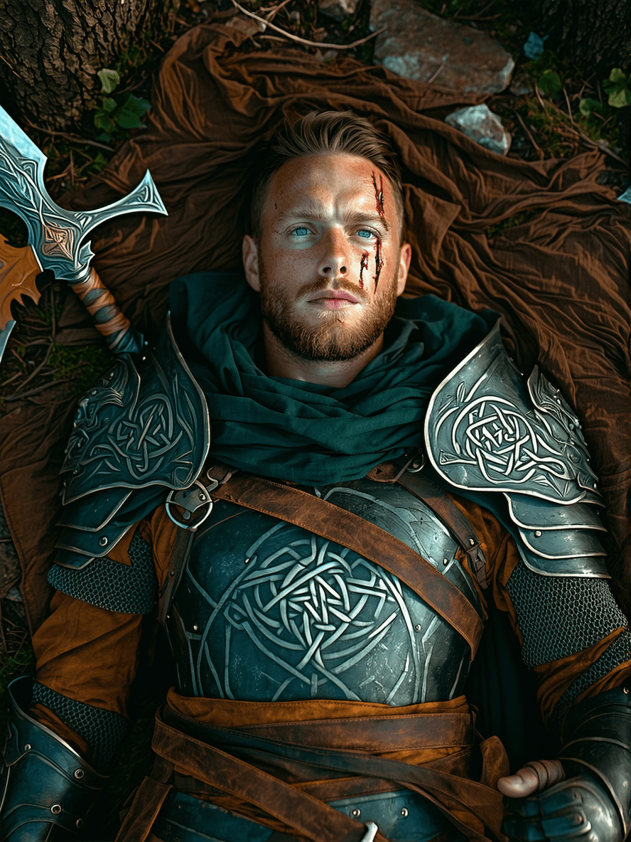 AI generated: A futuristic Celtic style warrior with weapons, clothing and armour featuring strange futuristic Cel...