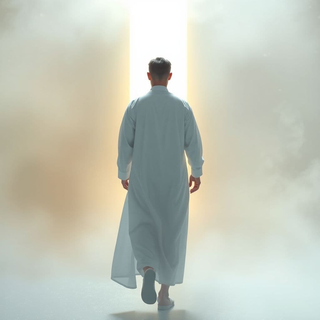 AI generated: A fine art, hyper-realistic, cinematic image of a man wearing a white long cotton robe with his back...
