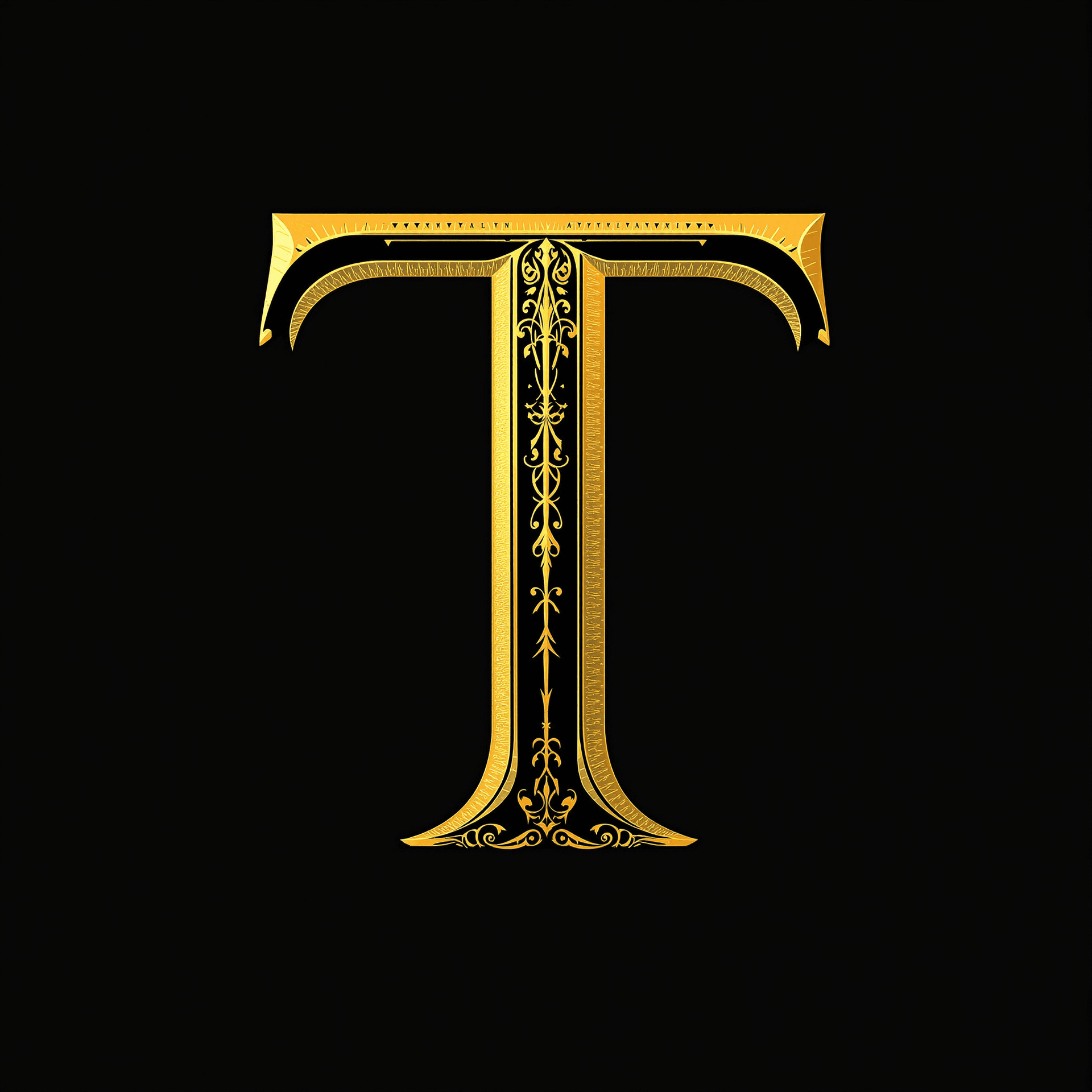 AI generated: A 2d elegant logo of letter T with black background and the T is golden 
