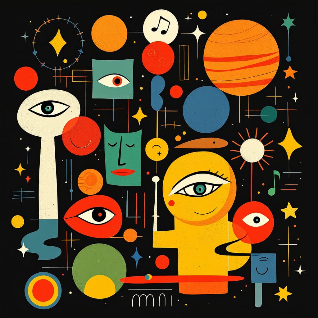 AI generated: Abstract vector illustration of various symbols, planets and characters, including musical notes, ey...