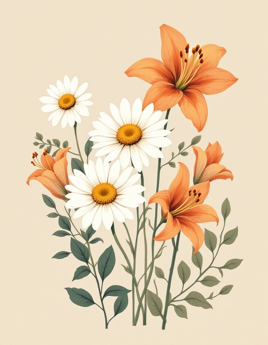 AI generated: Flat botanical illustration in modern vintage style, warm beige background, a variety of hand-drawn ...