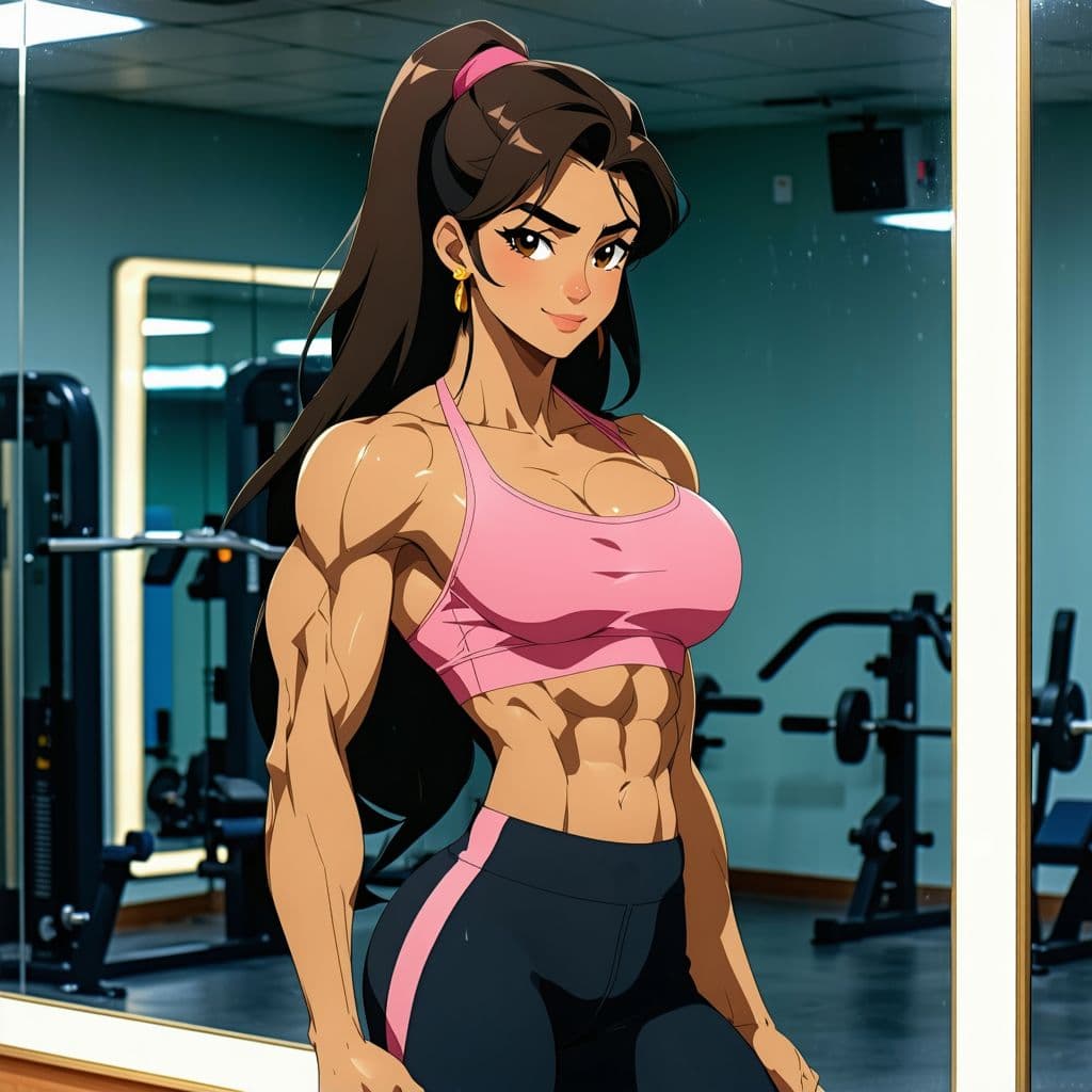 AI generated: (Anime Style:1.2), (An anime Indian Woman:1.05), mid 30's age, (muscular body:1.05) posing in front ...