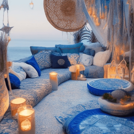 AI generated: Night on the beach with stars shining in the sea with a bohemian bohemian terrace in blue and white ...