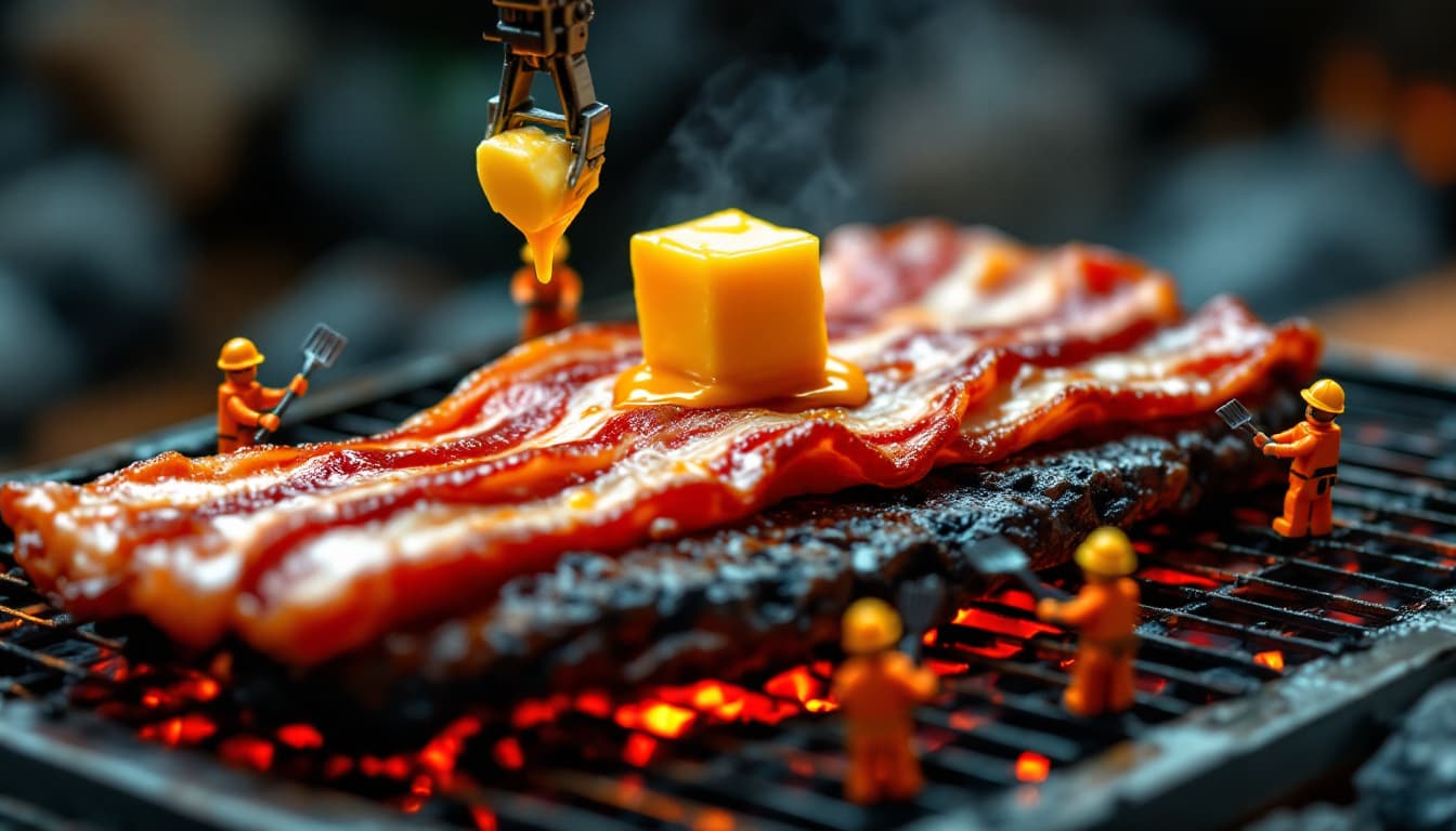 AI generated: A dramatic, ultra-detailed miniature build scene with massive, flame-roasted bacon lying on a sturdy...