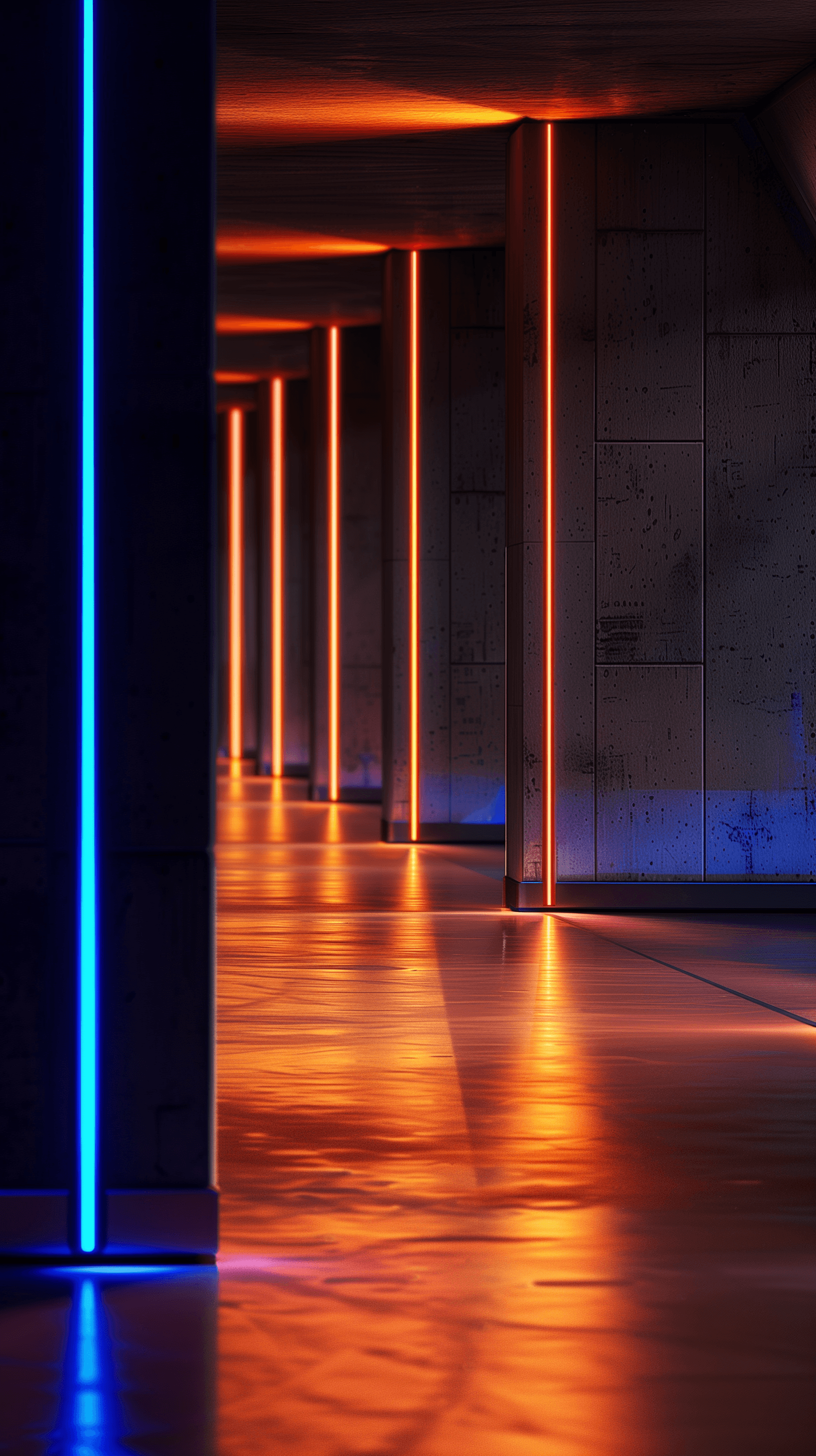 AI generated: architectural detail featuring striking neon blue lighting strips set against dark, textured surface...