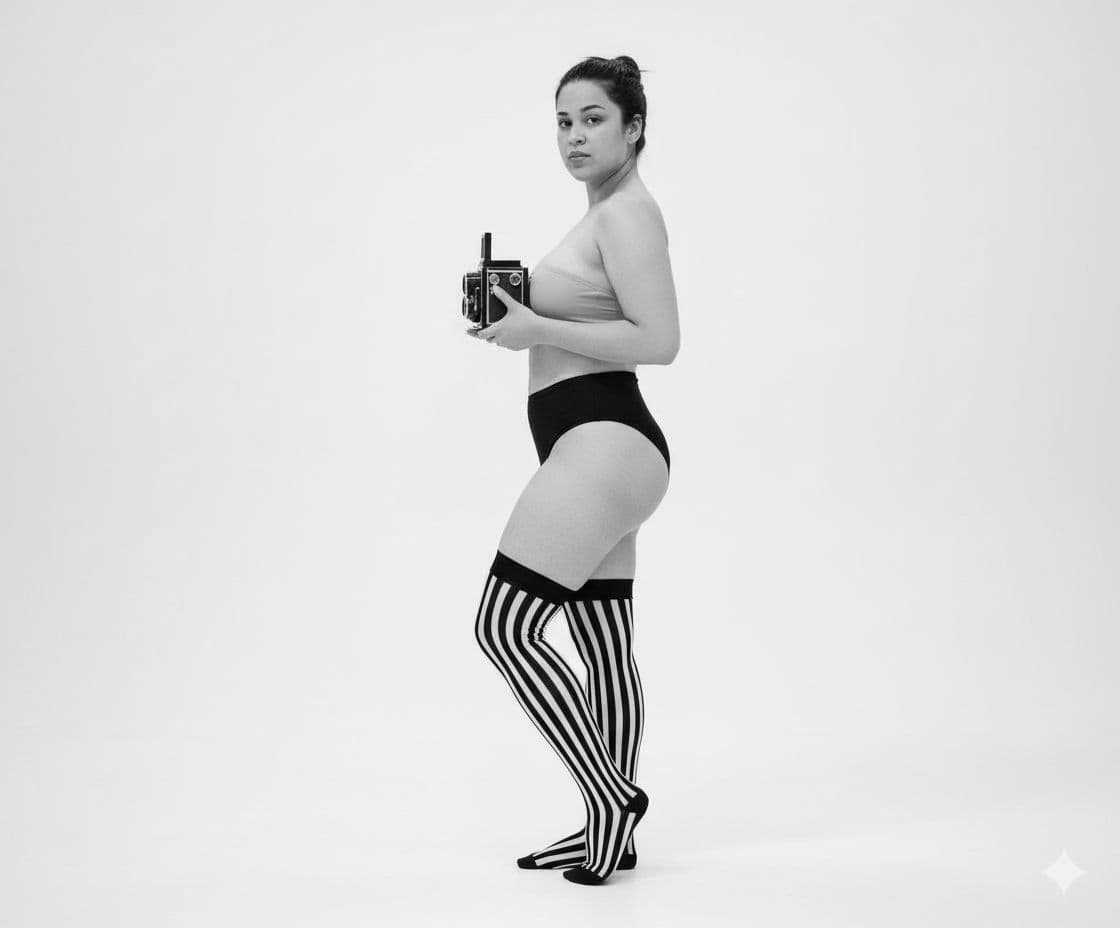 AI generated: A fine art black-and-white photograph capturing a woman in a thoughtful, serene pose. She stands bar...