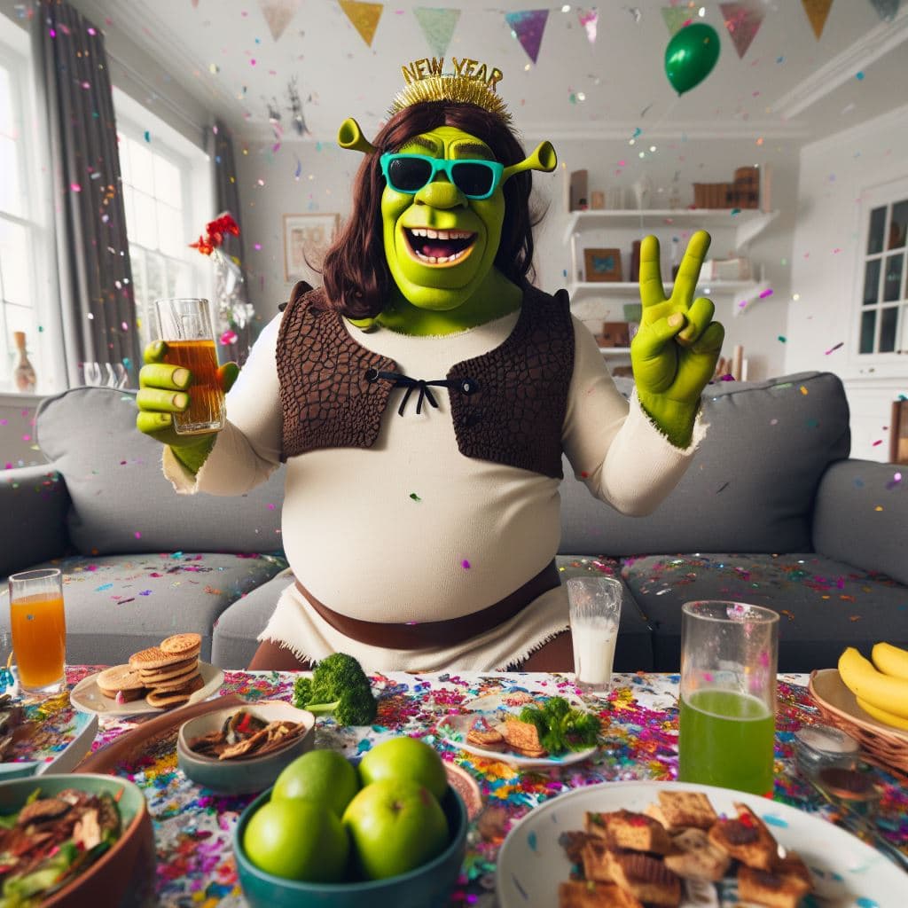 AI generated: Shrek partying with sunglasses and wig and a drink in his hand, celebrating the new year in his livi...