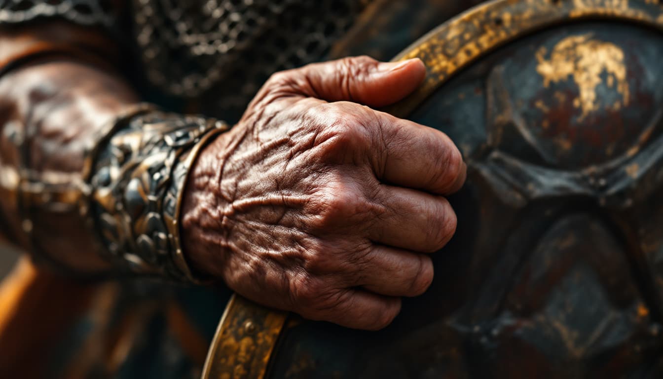 AI generated: Ultra-realistic.	Close-up of Ario’s hand gripping his shield tightly, veins bulging on his skin. [Ar...
