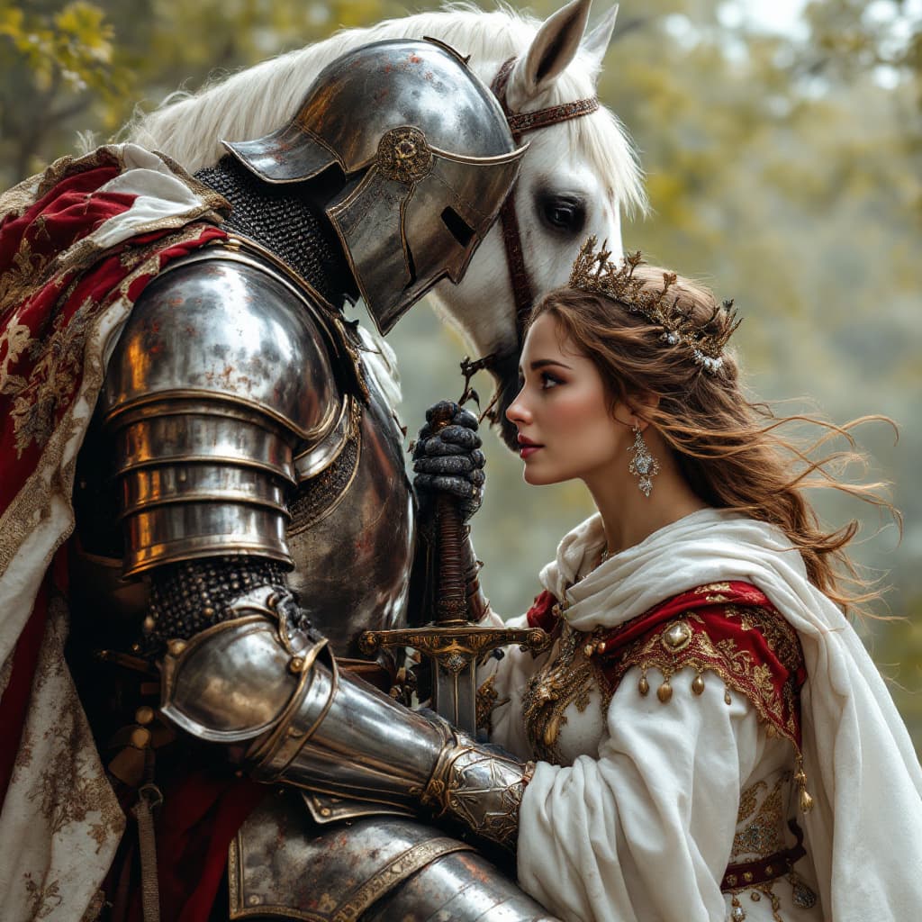 AI generated: An ultra-realistic, zoomed out,  full-body portrait of a noble Knight in battle damaged silver armor...