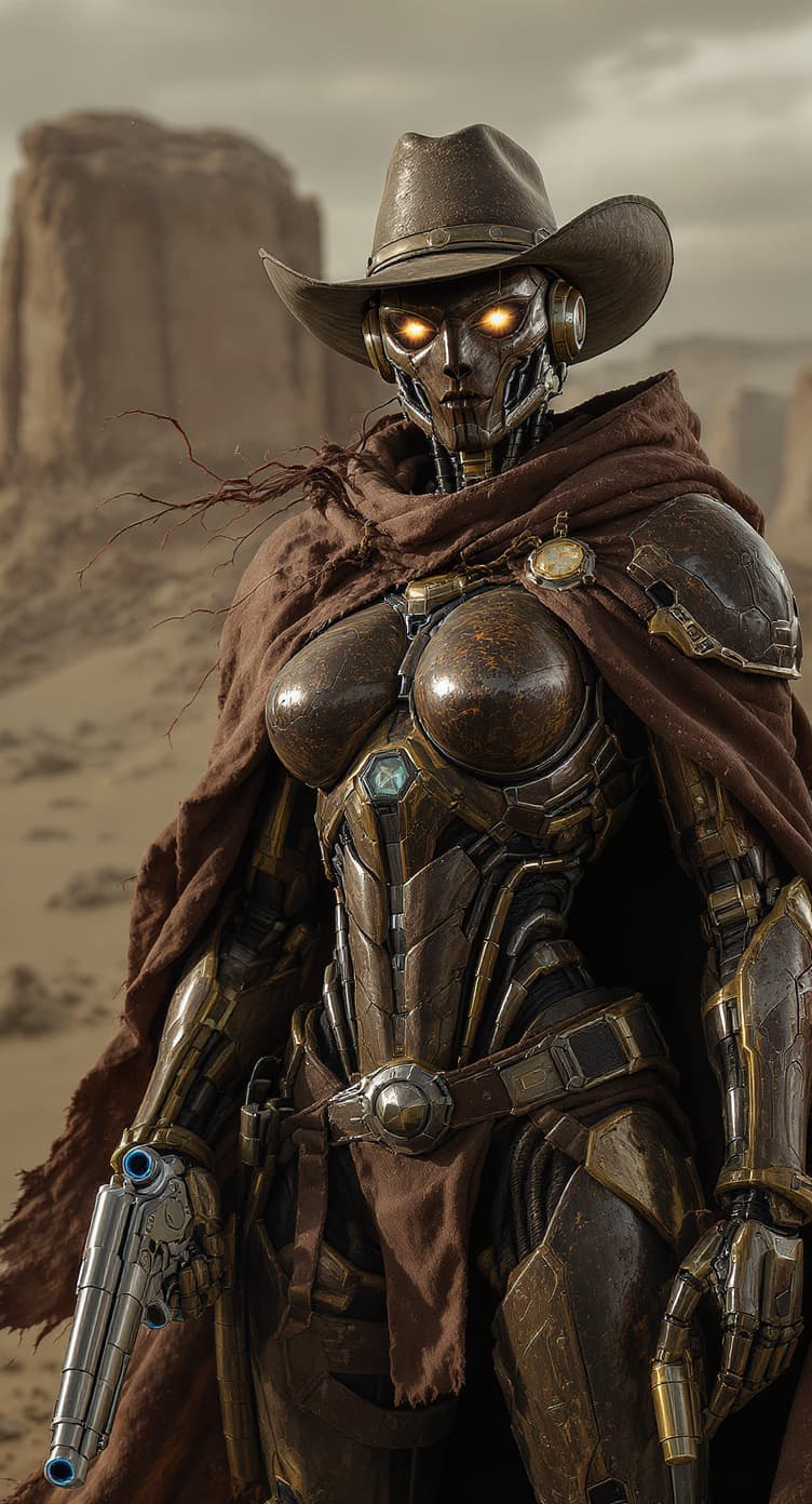 AI generated: Space bounty hunter on in a far off world.