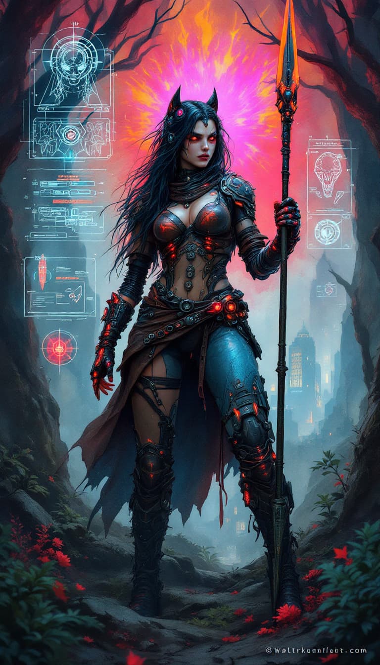 AI generated: Conceptual design: Cybernetic Beastmaster from the Wild Hunt. This fierce graffiti-punk digital wate...