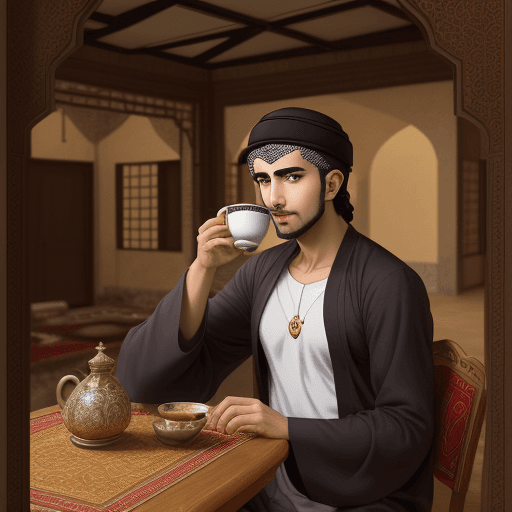 AI generated: arabic man, sitting in his old house, face, 23years old, drinking arabic coffe, anime style