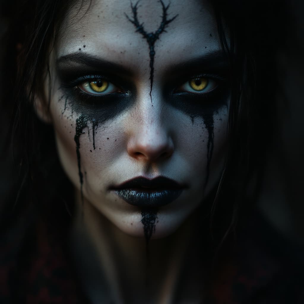 AI generated: Design a photorealistic portrait of a woman with dark makeup and artistic makeup, in a dark conceptu...