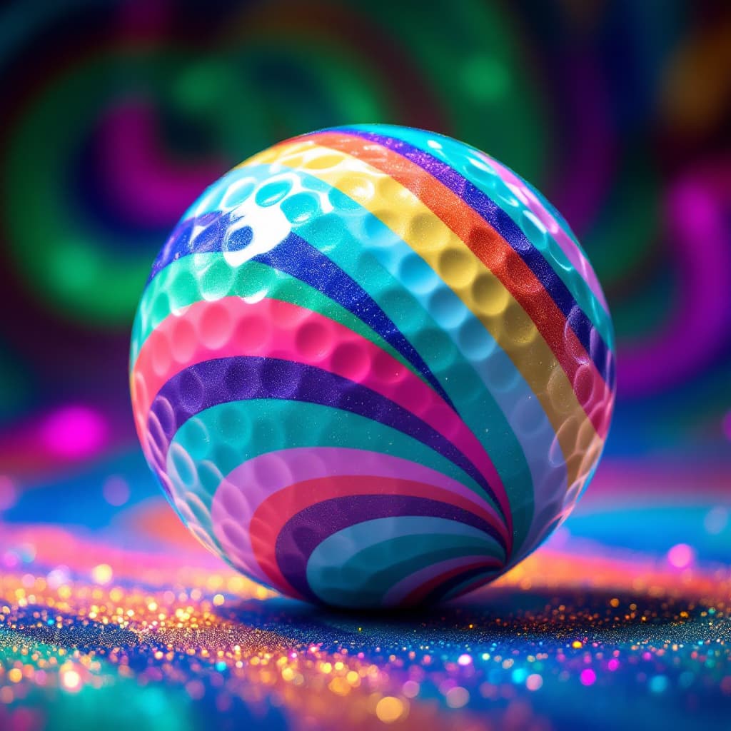 AI generated: A carnival-themed golf ball with vibrant stripes and sparkles