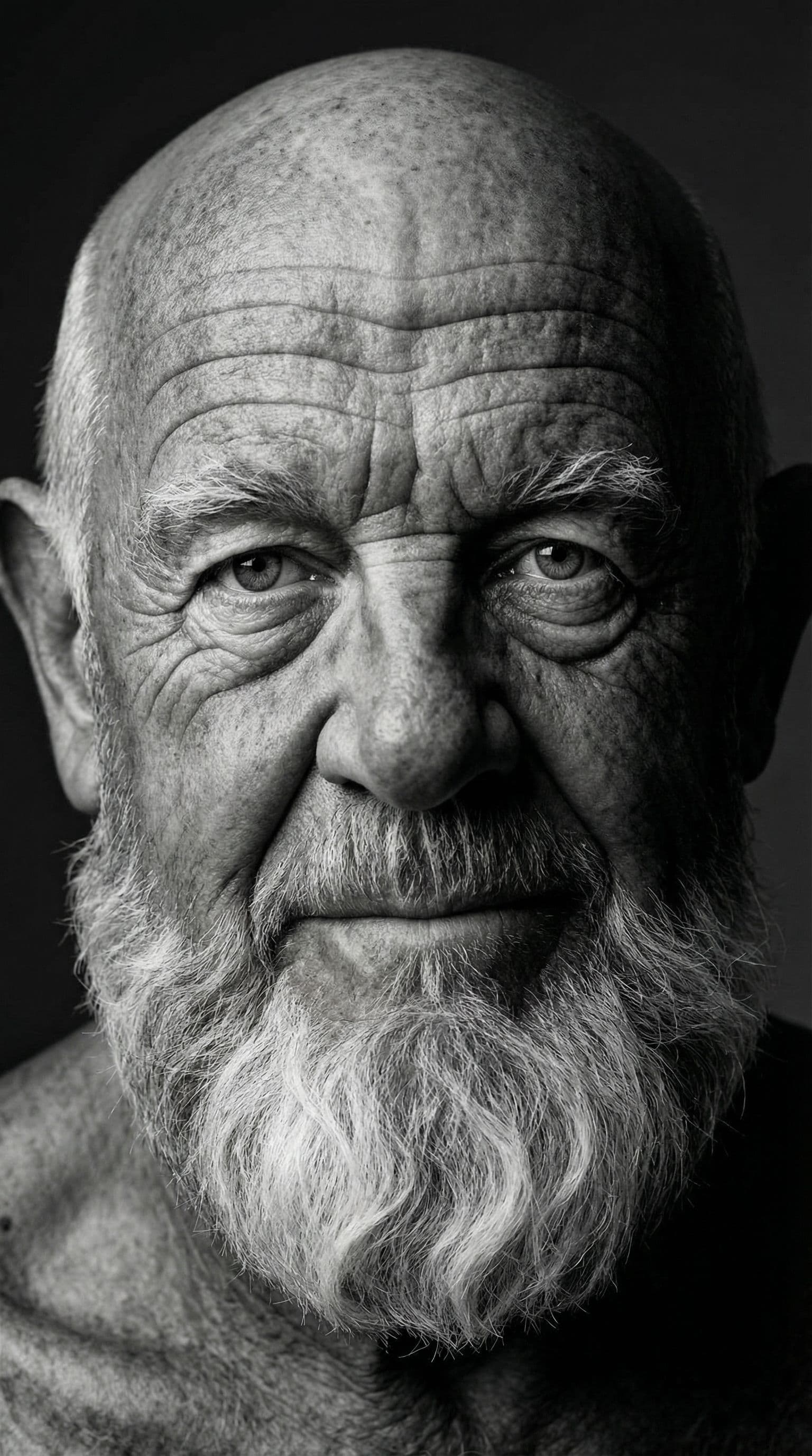AI generated: High-definition black and white portrait of an attractive mature man, 60–80 years old. Minimalist be...