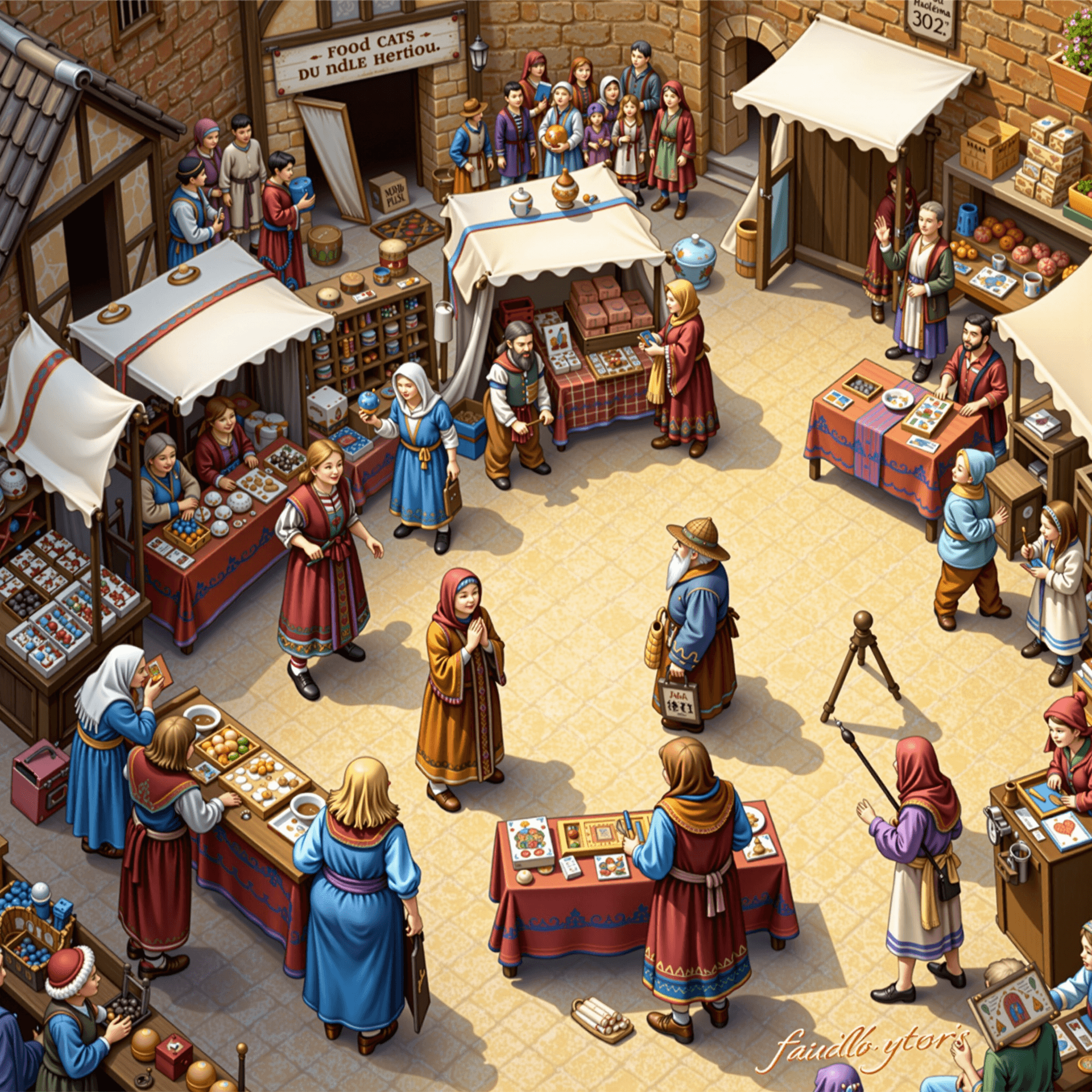 AI generated: A circular medieval market bustling with warmth and human connection, townsfolk in reused fabrics tr...