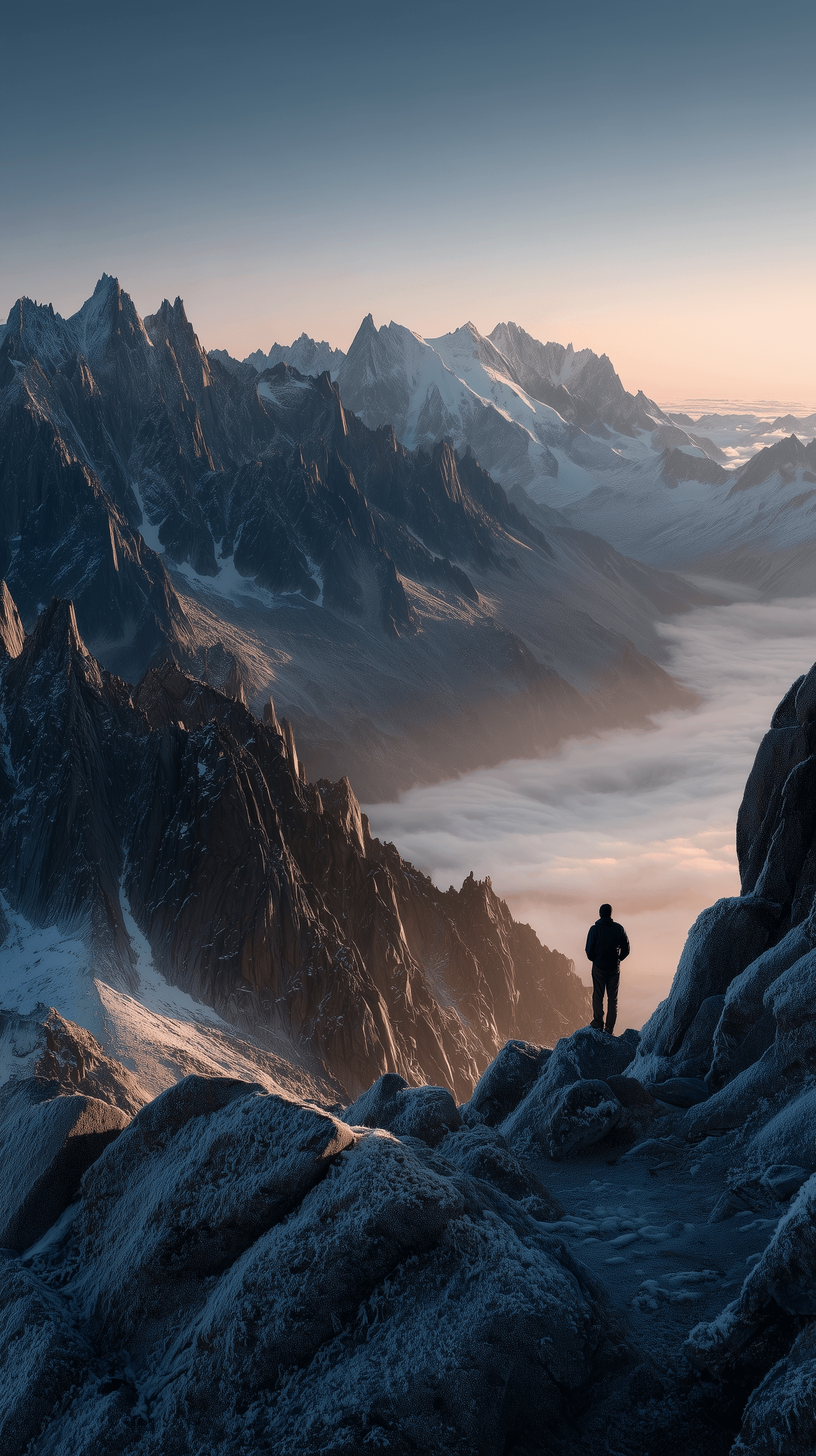 AI generated: cinematic, landscape photography, dramatic grandeur, solitary figure, seen from behind, is positione...