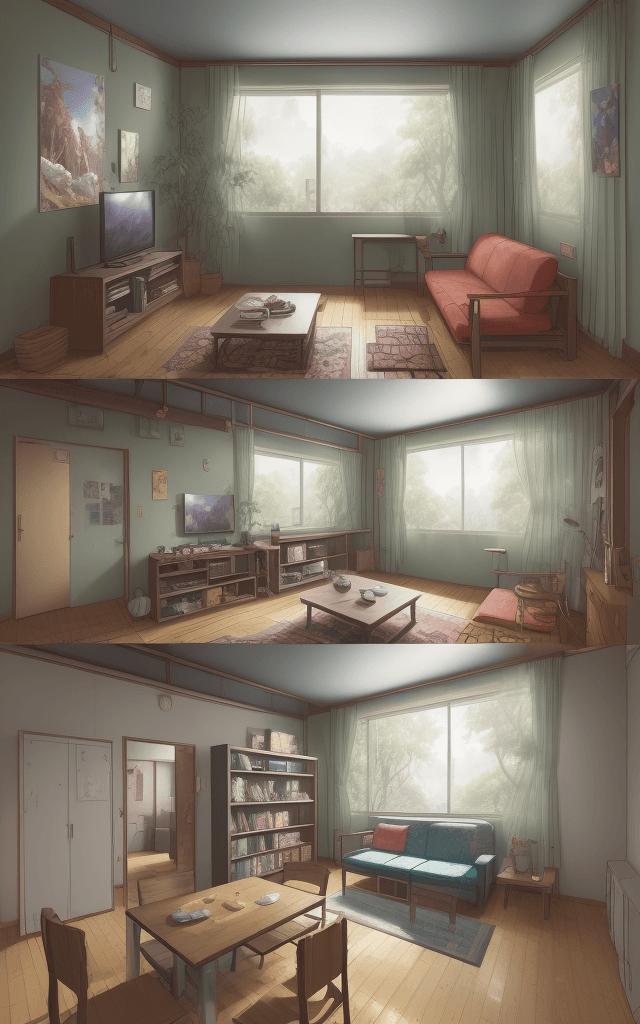 AI generated: anime illustration small apartment with simple furnitures in the morning with background forest, ani...