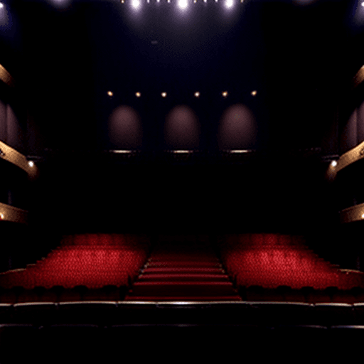 AI generated: A theater with staging for a historical drama, with a rectangular proscenium, three rows of seats, n...
