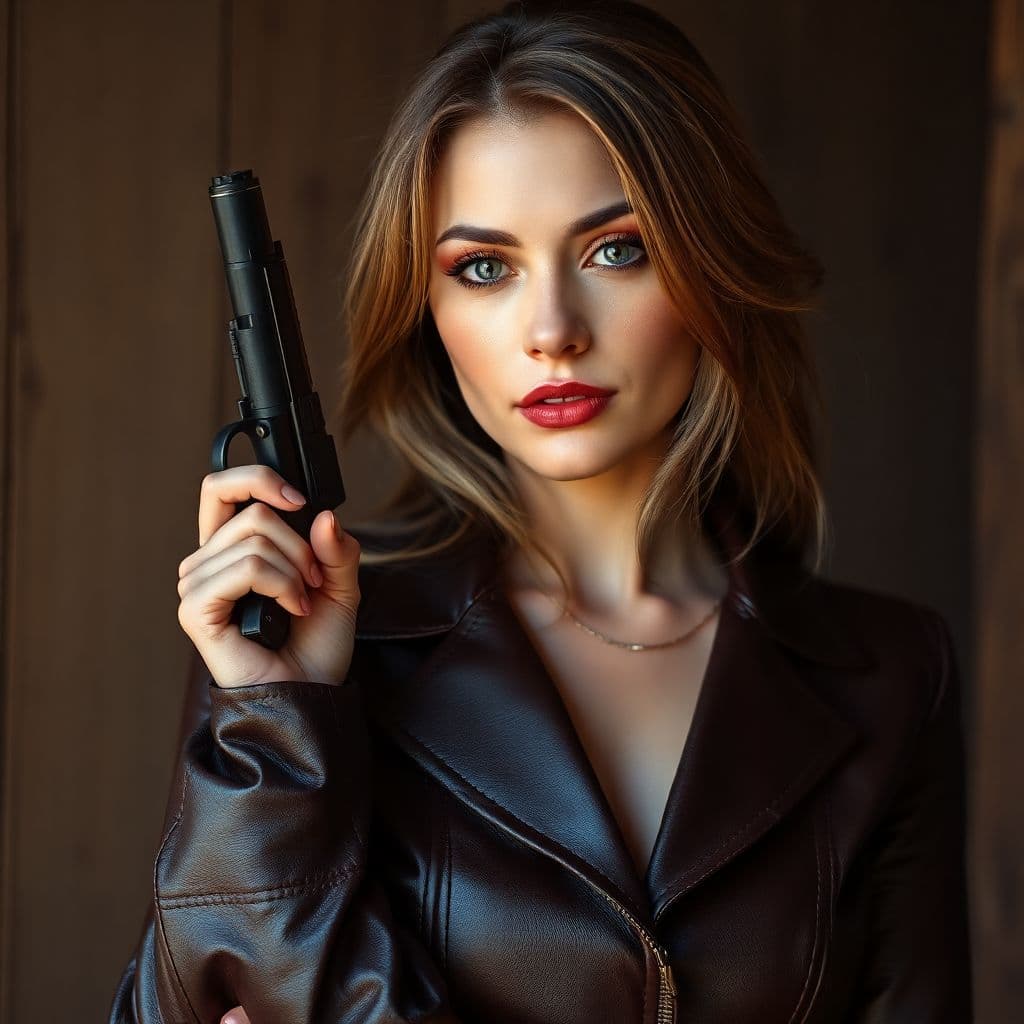 AI generated: Lady in leather with gun