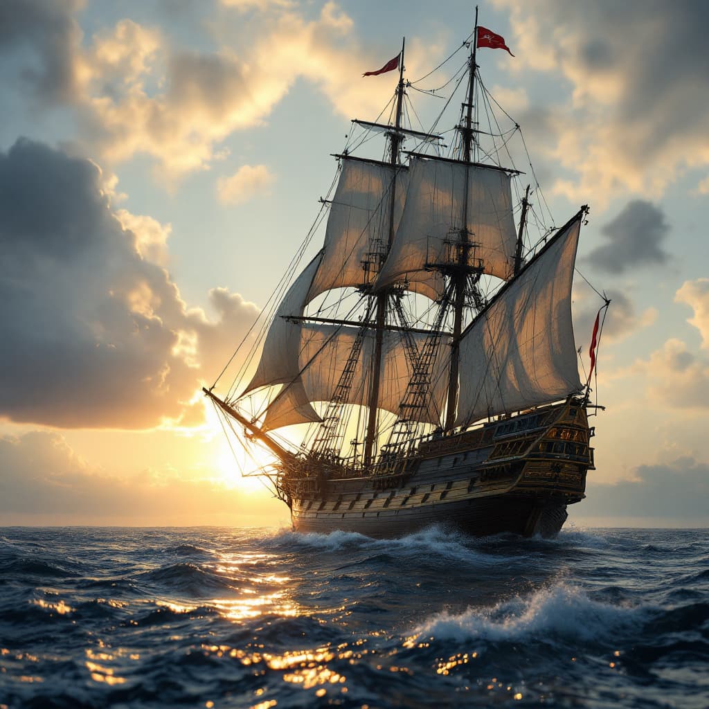 AI generated: Photo of a ultra realistic sailing ship, dramatic light, pale sunrise, cinematic lighting, battered,...