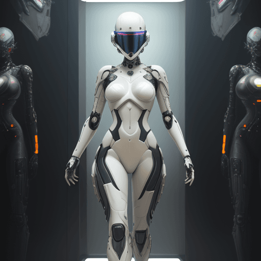 AI generated: fullbody armed female figure in a white sci-fi suit, detailed cyber helmet, bald head, lights on cyb...