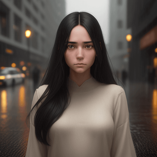 AI generated: a young woman with long dark hair in front of her face, in the style of sony alpha a7 iii, symmetric...