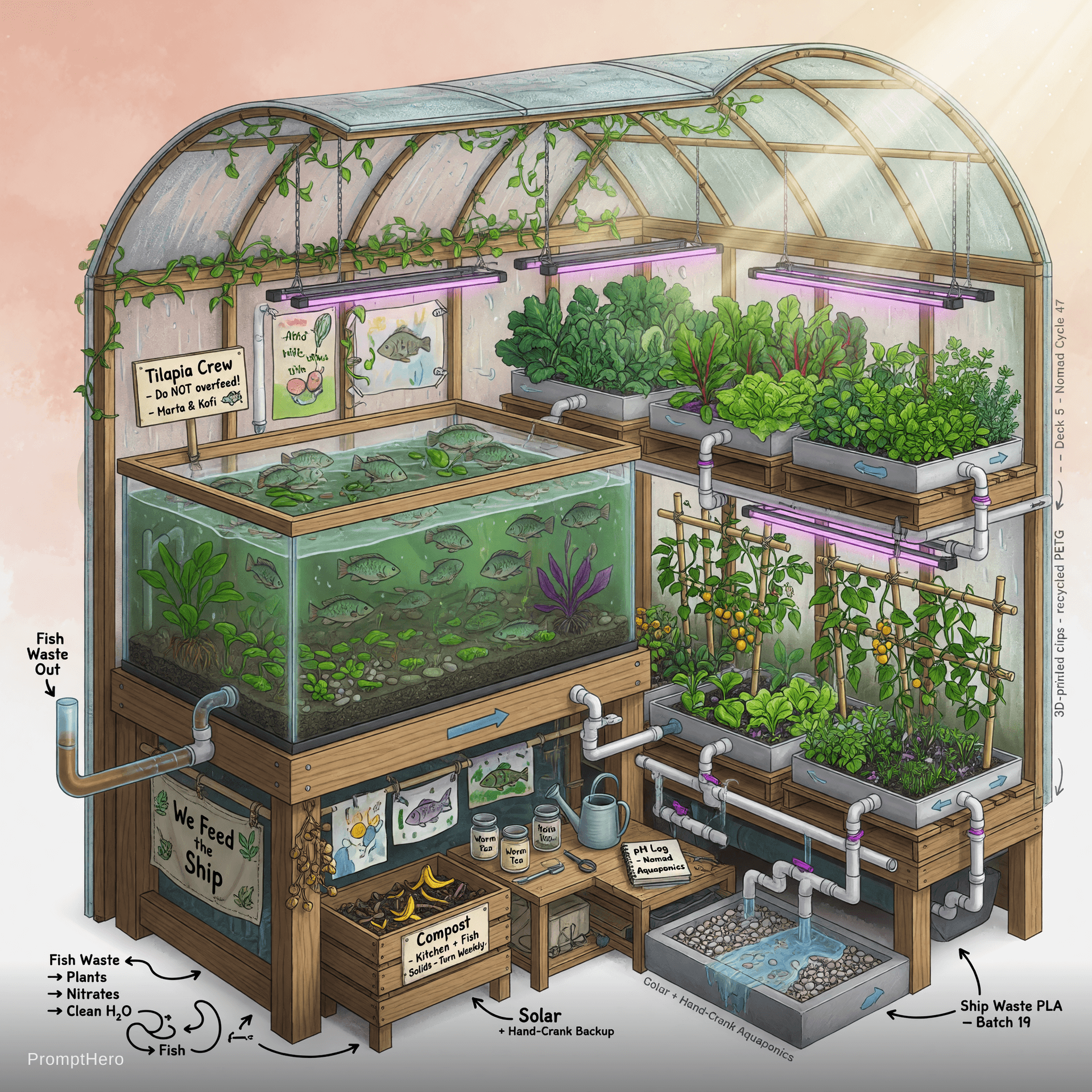 AI generated: Highly detailed technical interior cutaway view of the lush Aquaponics Greenhouse on Deck 5 of Proje...