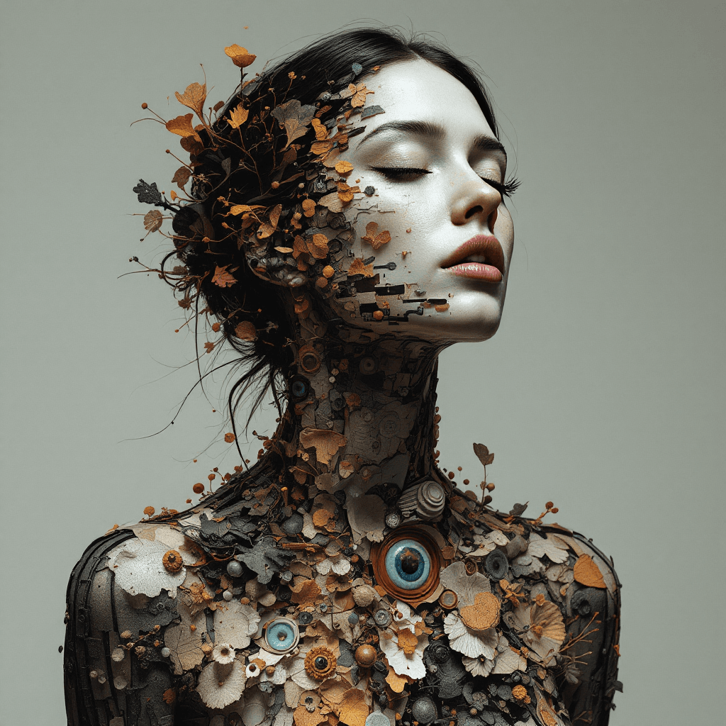 AI generated: A woman’s body composed of layers of abstract elements, each a different emotion, rendered in a deta...