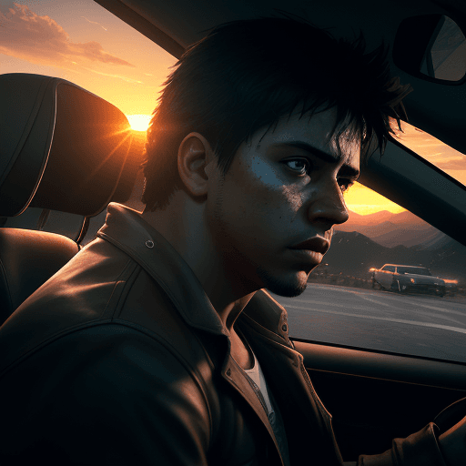 AI generated: Photo latin boy, dramatic light, driving sunrise, cinematic lighting, battered, low angle, trending ...