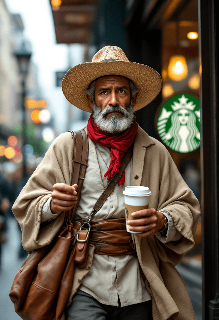 AI generated: A photorealistic image of the iconic coffee character Juan Valdés wearing his traditional outfit — s...