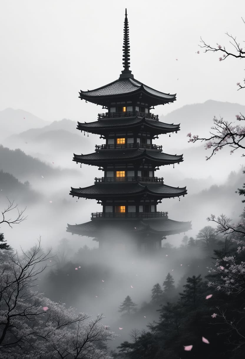 AI generated: Traditional Japanese pagoda standing tall in a foggy mountain valley, centered mid-range view. Dense...
